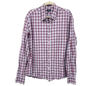 J Crew Men XL Shirt Button Down Top Slim Fit Red Gray Checkered Plaid Cotton